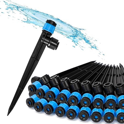 Bonviee 20-Pack 1/4-Inch Quick-Connect Adjustable Drip Emitters, Vortex | Push-to-connect stakes provide adjustable 360-degree watering for pots, lawns, vegetable beds, and garden layouts.