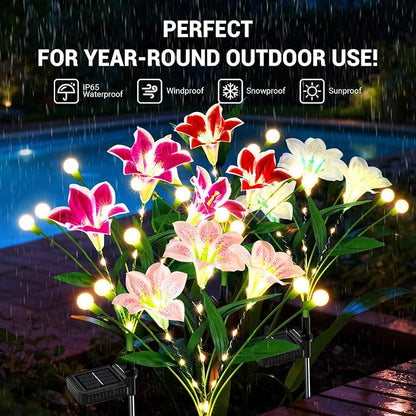 WdtPro Upgraded Solar Garden Lights Outdoor: 4 Pack 2-in-1 Solar Firefly Swaying Light with Lily Flower and Glowing Stem, Waterproof Garden Decor for Yard Patio Pathway Lawn, Gardening Gifts for Women
