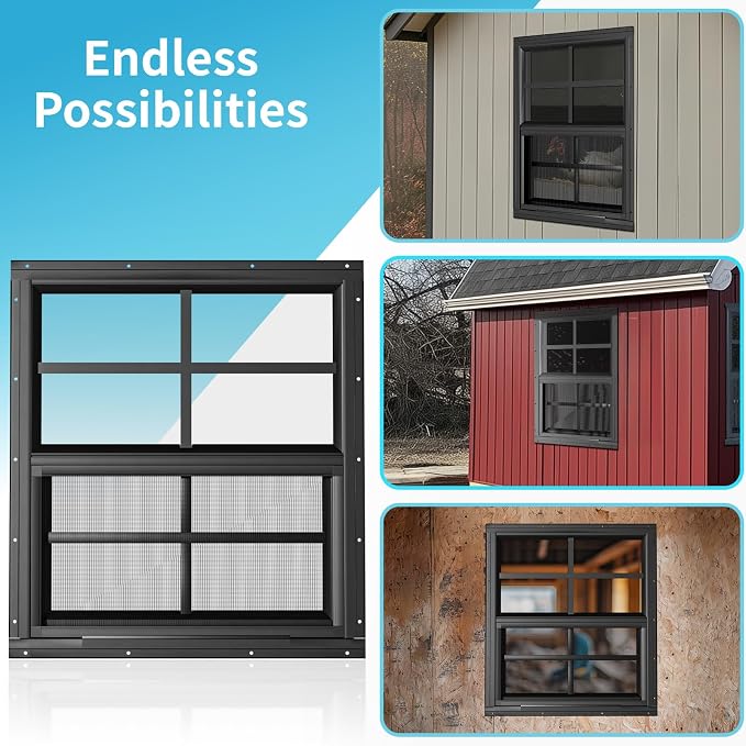 2 Pack Shed Windows 30" W x 36" H Flush Mount, Black Household Windows for Playhouses, Barns, Chicken Coop