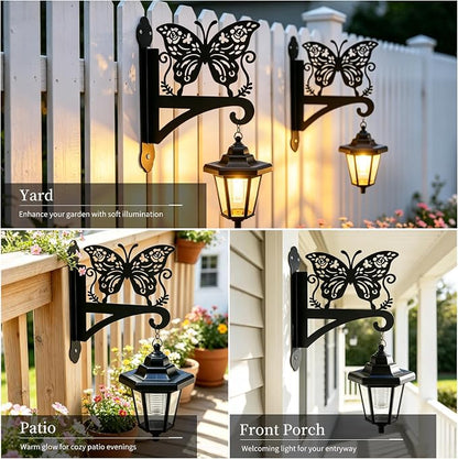 VOOKRY Solar Wall Lanterns Outdoor, Waterproof 2 Pack Hanging Lights with Butterfly Hooks, Wall Mount Sconce with 3 Solar Panels for Patio Porch Yard Garden Decor, Dusk to Dawn 2700K Warm White