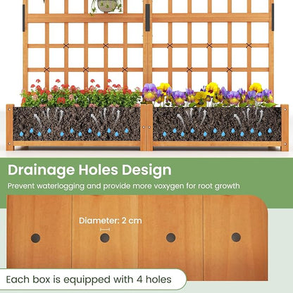 HAPPYGRILL 71" Raised Garden Bed with Trellis, Wood Planter Container w/2 Hanging Roof & Garden Boxes, 4 Drainage Holes, Outdoor Planter Box w/Removable Bottom Plate for Climbing Plants Flowers Vine