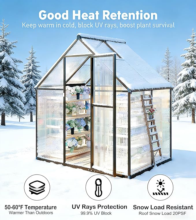 6x4FT Greenhouse for Outdoors, Polycarbonate Greenhouse with Quick Setup Structure and Roof Vent, Aluminum Large Walk-in Green House for Outside Garden Backyard, Dark Gray