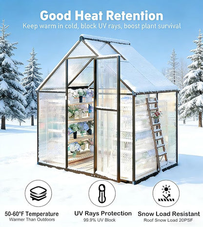 6x4FT Greenhouse for Outdoors, Polycarbonate Greenhouse with Quick Setup Structure and Roof Vent, Aluminum Large Walk-in Green House for Outside Garden Backyard, Dark Gray