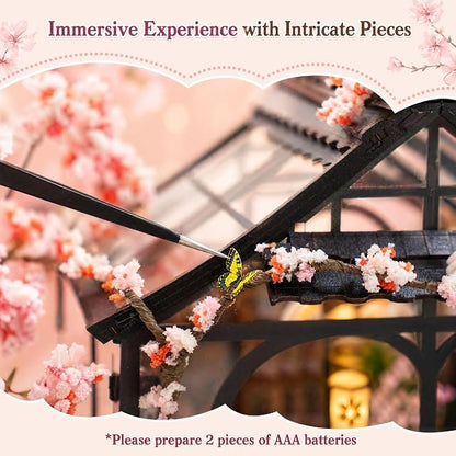 DIY Miniature House Kit, DIY Book Nook with LED Light | 3D Puzzles for Adults and Teens, Building Kits for Bookshelf Decor, Creative Gift for Craft Lovers | Sakura Greenhouse
