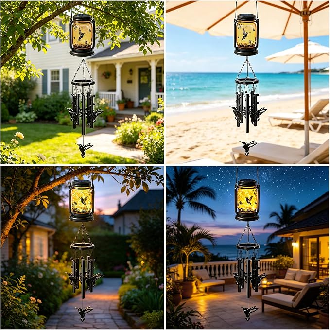 2 Pack Solar Hummingbird Wind Chimes for Outside, Birthday Mother' s Day Gifts for Mom Women Grandma,Solar Hummingbird Wind Chime Light Hanging Wind Chimes Outdoor,IP65 Waterproof, Yard Garden Terrace