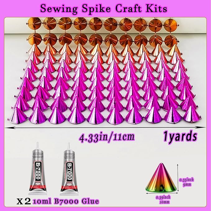 Spike for Crafts Stude for Clothing, 1 Yard Rainbow Spike Stud with Glue, Cone Flatback Plastic Trim Mesh for Holloween Party Decoration Costume DIY Crafts