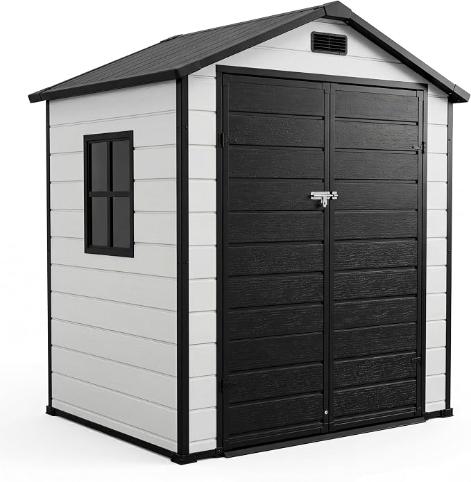 Outdoor Storage Shed with Floor, Plastic Resin Garden Shed with Window & Sloping Roof & Lockable Door for Patio Backyard Garden, Lawn Mower, Bike, Tool Storage (Grayish White + Black, 6' x 4')