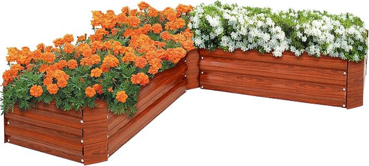 Sunnydaze Galvanized Raised Garden Bed Kit - 5x5x1 ft Outdoor Raised Garden Bed - Metal Planter Box for Vegetables, Flowers, Herbs - Woodgrain - L-Shaped