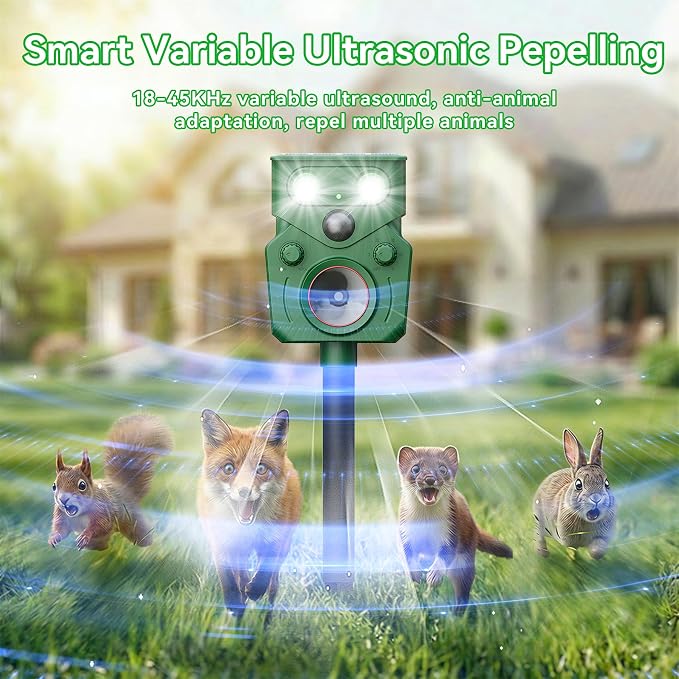Solar Ultrasonic Animal Repellent Deer Repeller Repel Animals Outdoor Dog Repellent 2 Pack for Yard with Flashing Lights and 5 Working Modes for Garden Lawn Orchard