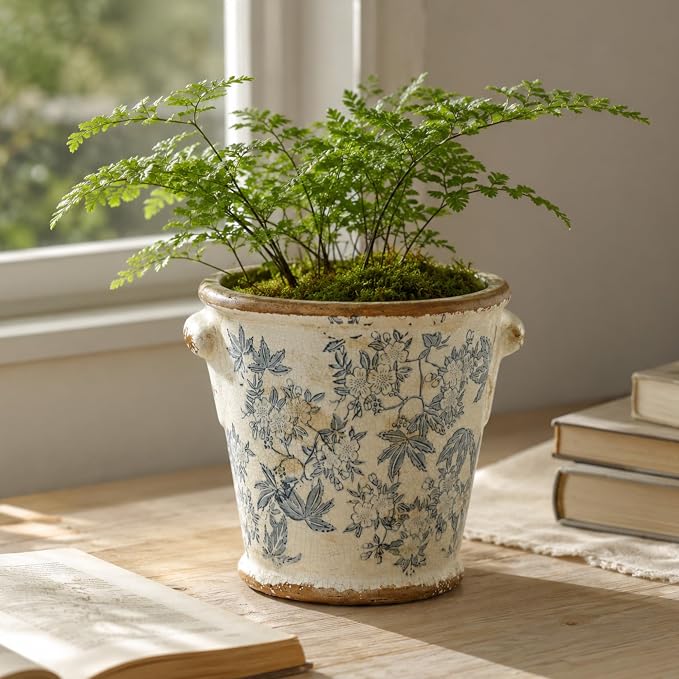 Dosayes Vintage Ceramic Flower Pot with Drainage Holes and Handle,Ice Crack Country Rustic Planters for Indoor Outdoor,Tuscan Decor,Home and Garden Decor,Gardening Present