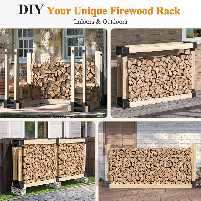 Mr IRONSTONE Firewood Rack Outdoor Indoor, Adjustable to ANY Length Firewood Log Rack Brackets Kit, Heavy Duty Fire Wood Storage Racks, Fireplace Wood Holder for Patio Deck