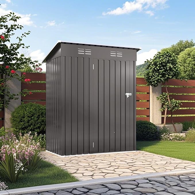 YOPTO 5X3 FT Sheds & Outdoor Storage,Metal Waterproof Tool Sheds with Pitched Roof and Lockable Door,Backyard House Buildings w/Vents,for Garden Sundries Sundries Bike,Gray