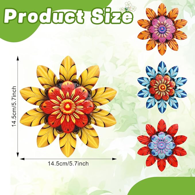 BINBE 4Pcs Metal Flower Wall Decor Outdoor Garden Hanging Sculpture 4 Styles Colorful Metal Flower Decor for Patio Garden Fence Yard Patio Balcony Living Room