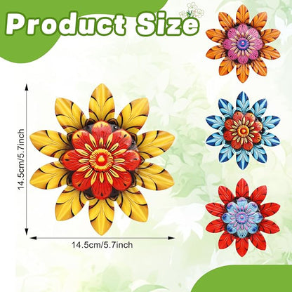 BINBE 4Pcs Metal Flower Wall Decor Outdoor Garden Hanging Sculpture 4 Styles Colorful Metal Flower Decor for Patio Garden Fence Yard Patio Balcony Living Room