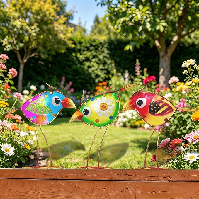 Garden Decor for Outside Set of 3, Colorful Metal & Glass Bird Decor for Outdoor, Indoor, Patio, Porch, Backyard, Balcony, Lawn, Yard Decorations, Patriotic Whimsy Birthday Gift for Gardener