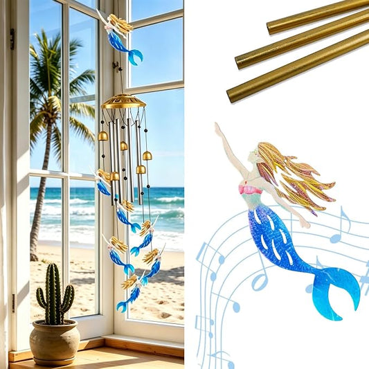 Mermaid Metal Wind Chimes Outdoor with S Hook, Housewarming Patio Decor | Wind Chimes for Outside & Loss of Loved One, Outdoor Clearance Mermaid Windchime, Housewarming Gift, Patio Garden Decor