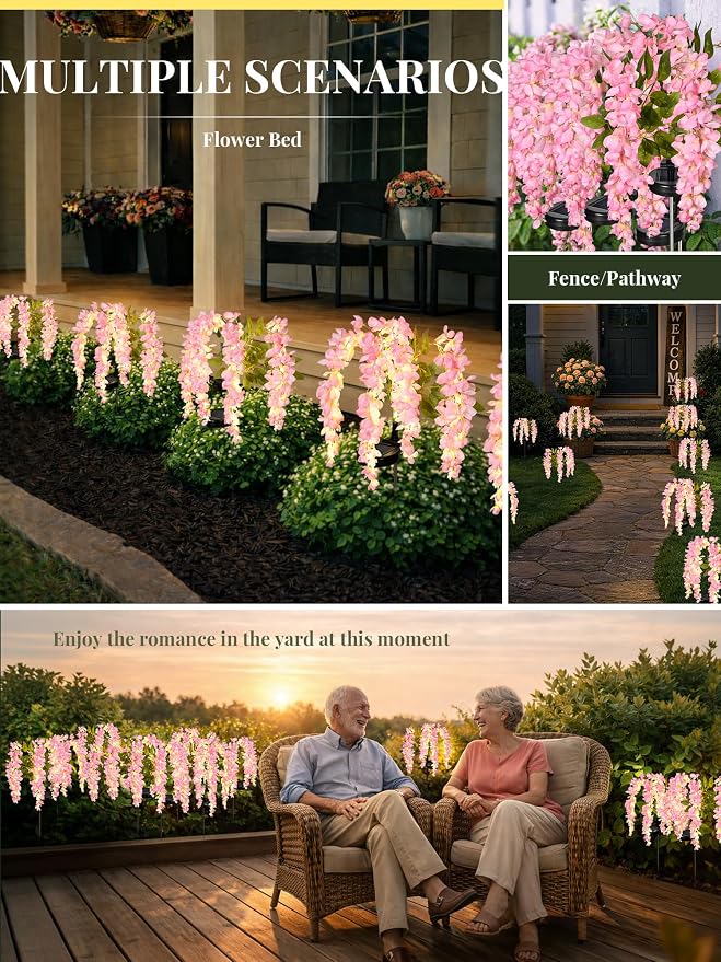GIGALUMI Solar Lights Outdoor for Garden Decor, 3 Pack Solar Flower Lights Waterproof, 2 Lighting Modes Wisteria for Pathway,Yard, Patio Decoration, Gardening Gifts for Women (Pink)