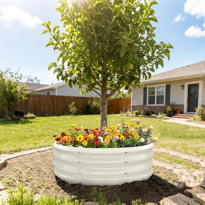 12 Inch Tall 36 Inch Diameter Round White Raised Garden Bed Kits Outdoor | 1 FT Tall,3 FT Planter Bed for Flowers,Herbs,Vegetables,Trees,0.8MM Thick Galvanized Metal Painted,with Gloves,Tool free
