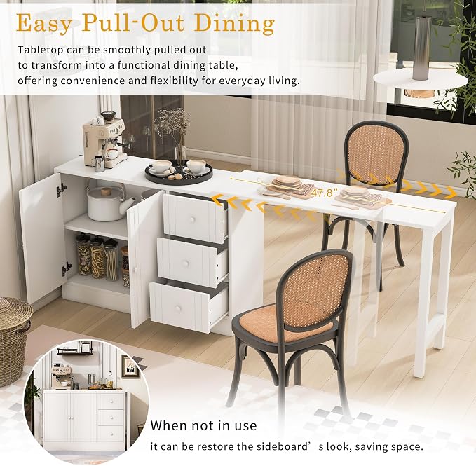 Merax Rustic Buffet Sideboard with Extendable Table, Wood Storage Cabinet with Adjustable Shelves, Multifunctional Coffee Bar for Living Room Kitchen Dining Room White