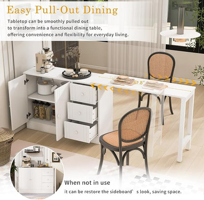 Merax Rustic Buffet Sideboard with Extendable Table, Wood Storage Cabinet with Adjustable Shelves, Multifunctional Coffee Bar for Living Room Kitchen Dining Room White
