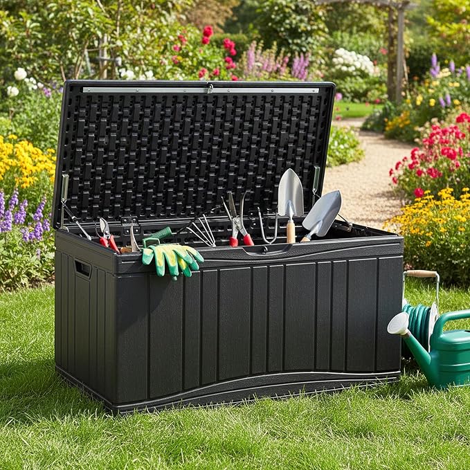 Tangkula 80 Gallon Outdoor Storage Box, Large HDPE Resin Patio Storage Box with Gas Struts & Lockable Lid, 2-in-1 Waterproof Deck Box for Package Delivery, Garden Tools, Outdoor Cushions