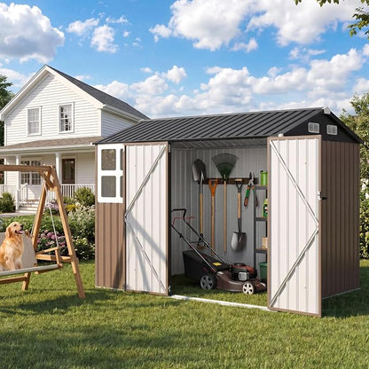 IRONCK 8.4x6.1FT Outdoor Storage Shed with Clear Window, Tool Shed, Brown | Lockable Doors, Breathable Ventilation, 8x6 FT Base, Outdoor Shed For Generators/Bikes/Wheelbarrows