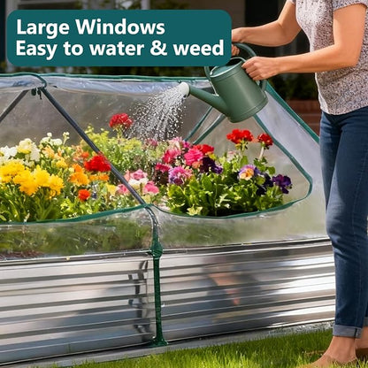 DUMOS Galvanized Raised Garden Bed with Cover, 8x4x1ft Metal Planter Box Outdoor for Deep-Rooted Vegetables Flowers Herbs, Garden Bed Mini Greenhouse for Patio Balcony Backyard, Open Bottom, Clear