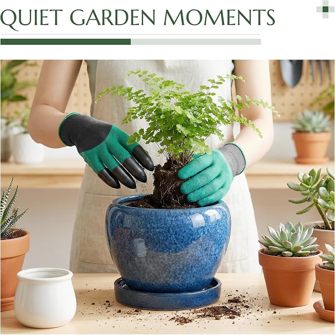 8.3 Inch Ceramic Planter with Saucer Leak-Proof Mesh &Drainage, Round Plant Pot with Gardening Gloves for Indoor Outdoor Plants (Sapphire Blue Glaze)