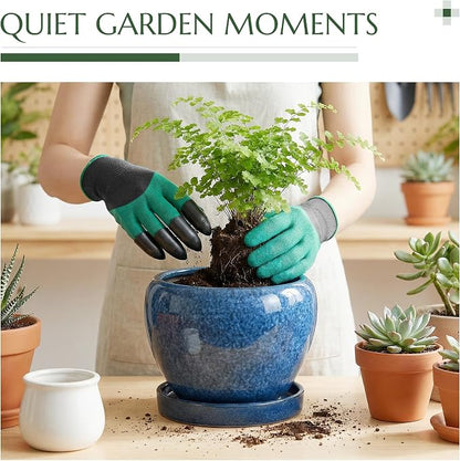 8.3 Inch Ceramic Planter with Saucer Leak-Proof Mesh &Drainage, Round Plant Pot with Gardening Gloves for Indoor Outdoor Plants (Sapphire Blue Glaze)