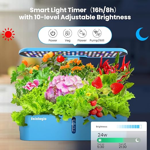 Sainlogic Hydroponics Growing System, 12 Pods Indoor Garden 24W Adjustable-Height LED Grow Light, Gift for Mom, APP & WiFi Smart Planter, Quiet Pump, Auto Timer, for Herbs Vegetables Flowers