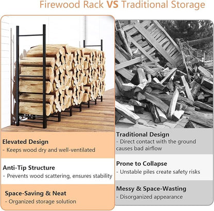 C-Hopetree 8Ft Outdoor Indoor Firewood Rack, Adjustable Metal Log Holder for Fireplace, Heavy Duty Wood Pile Storage Organizer Stacker Stand, Black