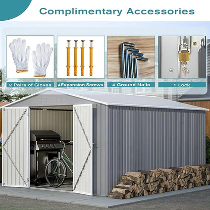 YOPTO 12X10 FT Metal Outdoor Storage Shed W/Floor & Lockable Door,Gray | Galvanized Steel Garden Shed W/ 4 Air Vents,Sloped Roof,Reinforced Structure,All Weather Waterproof for Patio,Backyard,Lawn