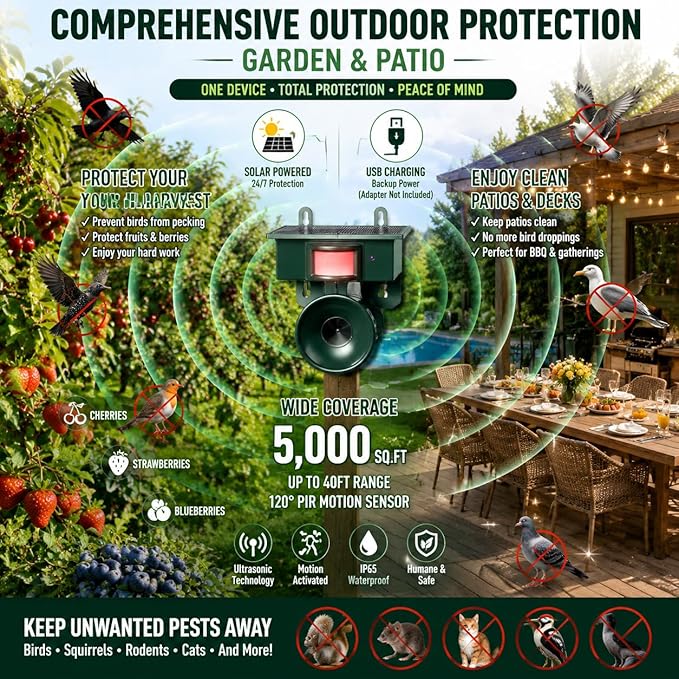 2026 Solar Ultrasonic Bird Repellent Devices Outdoor,Best Bird Deterrent for Pool,Pigeon Repellent for Balcony,Keep Crows Sparrows Starlings Out of Fruit Trees,Swimming Pool,Patio,Roof (2 Pack)