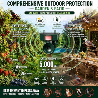 2026 Solar Ultrasonic Bird Repellent Devices Outdoor,Best Bird Deterrent for Pool,Pigeon Repellent for Balcony,Keep Crows Sparrows Starlings Out of Fruit Trees,Swimming Pool,Patio,Roof (2 Pack)