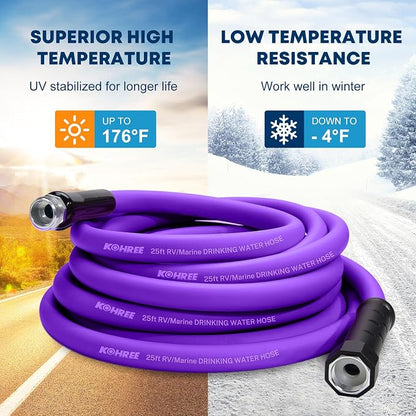 Kohree 25FT RV Water Hose with Storage Bag, 5/8'' Premium Drinking Water Hose, Leak-free, No Odor, Anti-Kink and Flexible Garden Hose for RV, Camper, Truck, Car - Purple