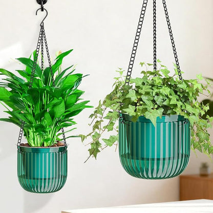 Halatool 2 Pack Self-Watering Hanging Planters for Indoor Plants, 6.5" & 8.3" Outdoor Flower Pots with Drainage Holes, Visible Water Level Indicator for Wall, Garden, Home Decor (Peacock Green)