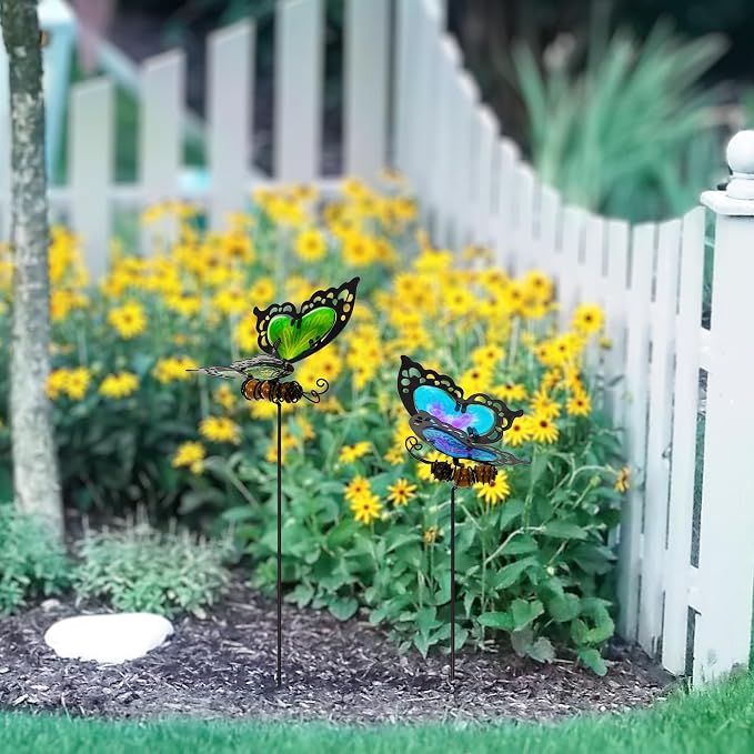 Butterfly Garden Stakes,Butterfly Kit Made of Glass and Metal,Colorful Butterflies Garden Decorations Can Make the Garden Full of Color and Vitality. (Blue and Green)
