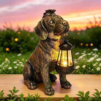 Solar Garden Statue Dog Figurine Decor with Lantern Lights, 11 Inch Outdoor Decoration Solar Dog Sculptures for Outside Patio Lawn Balcony Yard Ornament, Dogs Lover Gifts for Women Mom Birthday