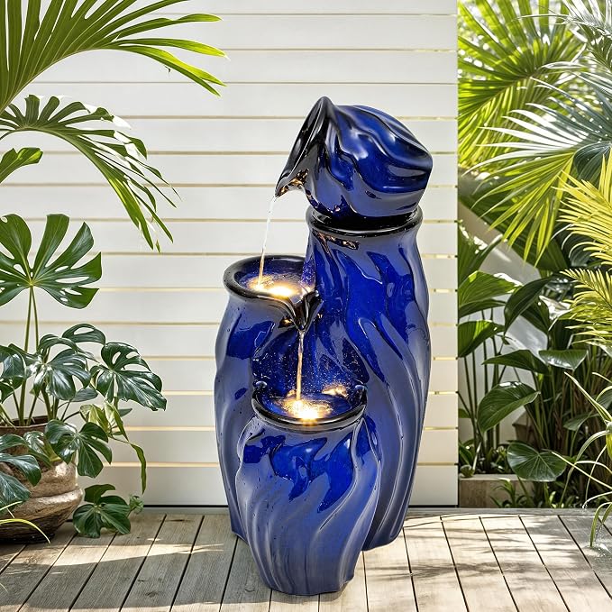 29" Ceramic Water Fountain Outdoor, 4-Tier LED Cascading Waterfall | Dynamic Wave-Texture Garden Fountain with Lights, Serene Relaxing Water Feature for Patio Backyard Decor, Cobalt Blue Glaze