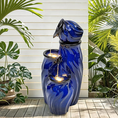 29" Ceramic Water Fountain Outdoor, 4-Tier LED Cascading Waterfall | Dynamic Wave-Texture Garden Fountain with Lights, Serene Relaxing Water Feature for Patio Backyard Decor, Cobalt Blue Glaze