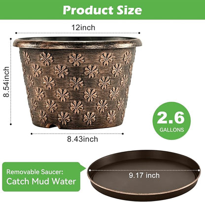 12 Inch Planter Pots for Plants, Plastic Large Flower Pots Indoor Outdoor, 4 Pack Resin Plant Pot with Drainage & Saucer, Retro Decorative Garden Pot with Removable Trays for House