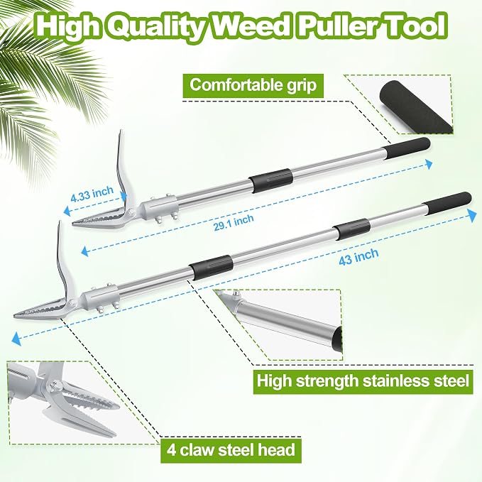 Weed Puller Tool with Gloves, Long Handle Stand Up Weed Tool, Heavy Duty Weeder Remover Tool with 4 Claw Steel Head for Garden, Yard, Lawns, Sidewalk (43")