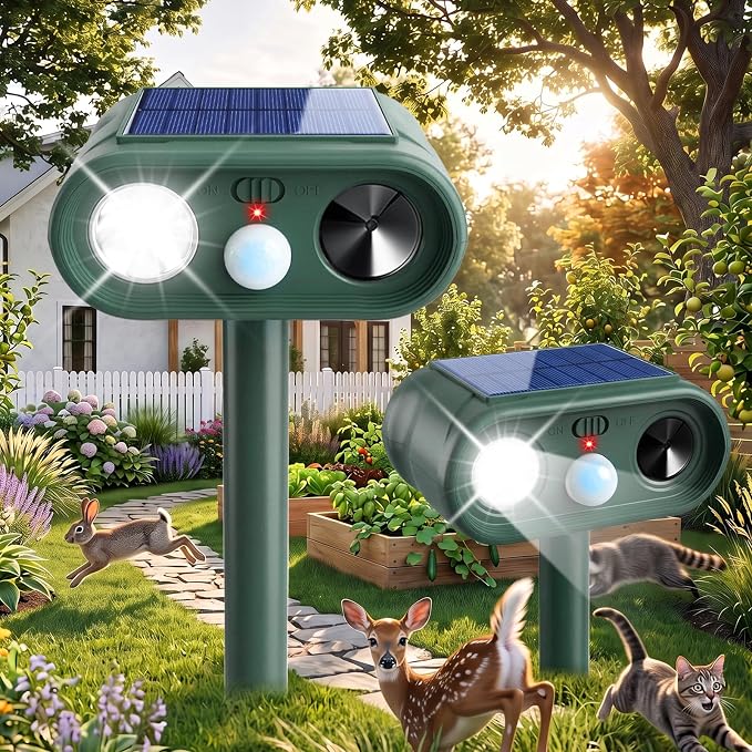 2Pack Ultrasonic Deer Repellent for Plants Garden Solar Animal Repellent Outdoor with Motion Sensor & Strobe Light for Rabbit Cat Deterrent Raccoon Squirrel Fortress Pro Keep Pests Out of Yard Farm