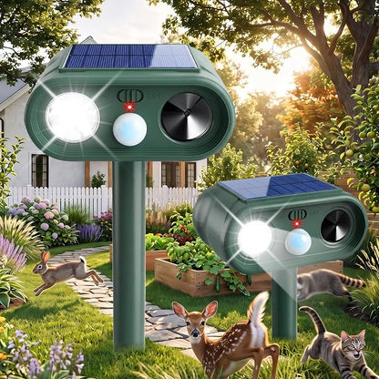 2Pack Ultrasonic Deer Repellent for Plants Garden Solar Animal Repellent Outdoor with Motion Sensor & Strobe Light for Rabbit Cat Deterrent Raccoon Squirrel Fortress Pro Keep Pests Out of Yard Farm