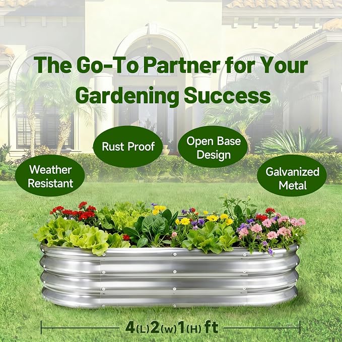 GOOZOO Galvanized Planter Raised Garden Bed, 4x2x1 ft Silver | For vegetables, flowers, herbs, fruits. Oval metal box. Easy assembly. Rust-resistant galvanized steel.Outdoor use. 1ft depth