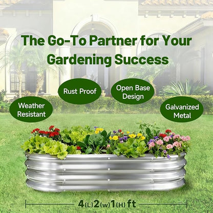 GOOZOO 2PC Galvanized Planter Raised Garden Bed, 4x2x1ft Silver | For vegetables, flowers, herbs, fruits. Oval metal box. Easy assembly. Rust-resistant galvanized steel.Outdoor use. 1ft depth