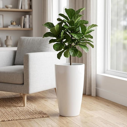 Sun-E Tall Planters for Outdoor Indoor Plants 2 Pack, 21-Inch Large Glossy White Planter, High Gloss Glazed Ceramic-Look Tall Pure White Flower Pots for Bright Entryway Modern Decor