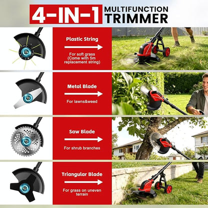 12-Inch Weed Wacker with Wheels, 2x3.0Ah 21V Battery Powered Weed Eater, Cordless Lawn Mower with 4 Types Blades, 20000RPM Electric Brush Cutter Grass Trimmer for Garden Yard