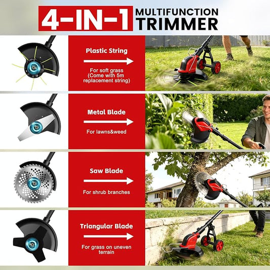 12-Inch Weed Wacker with Wheels, 2x3.0Ah 21V Battery Powered Weed Eater, Cordless Lawn Mower with 4 Types Blades, 20000RPM Electric Brush Cutter Grass Trimmer for Garden Yard