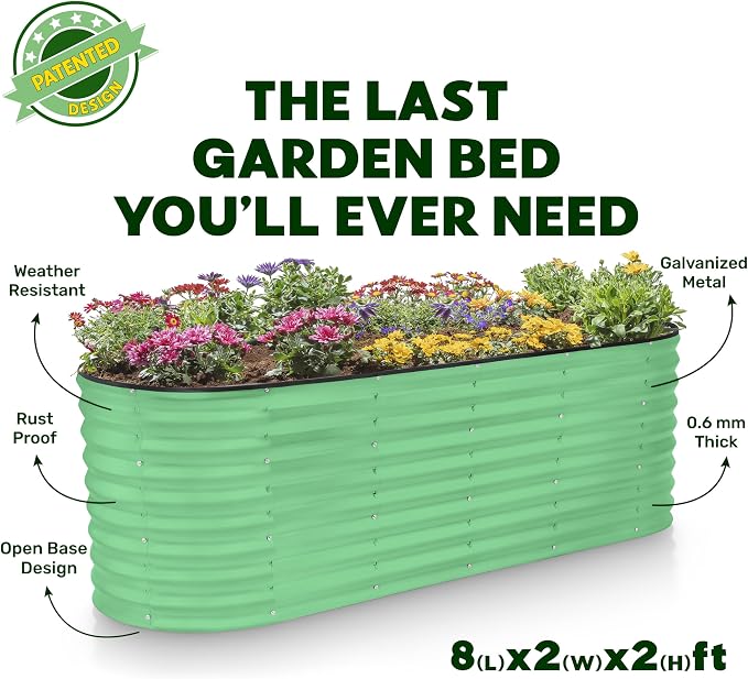 Plant & Plot Galvanized Raised Garden Beds Outdoor // 8×2×2 ft Planter Raised Beds for Gardening, Vegetables, Flowers // Large Metal Garden Box (Light Green) // Patented Tool-Free Design